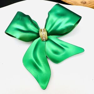 Vintage Green Metalic Satin Bow Ribbon Brooch Crystal Accent Large Matte 1426